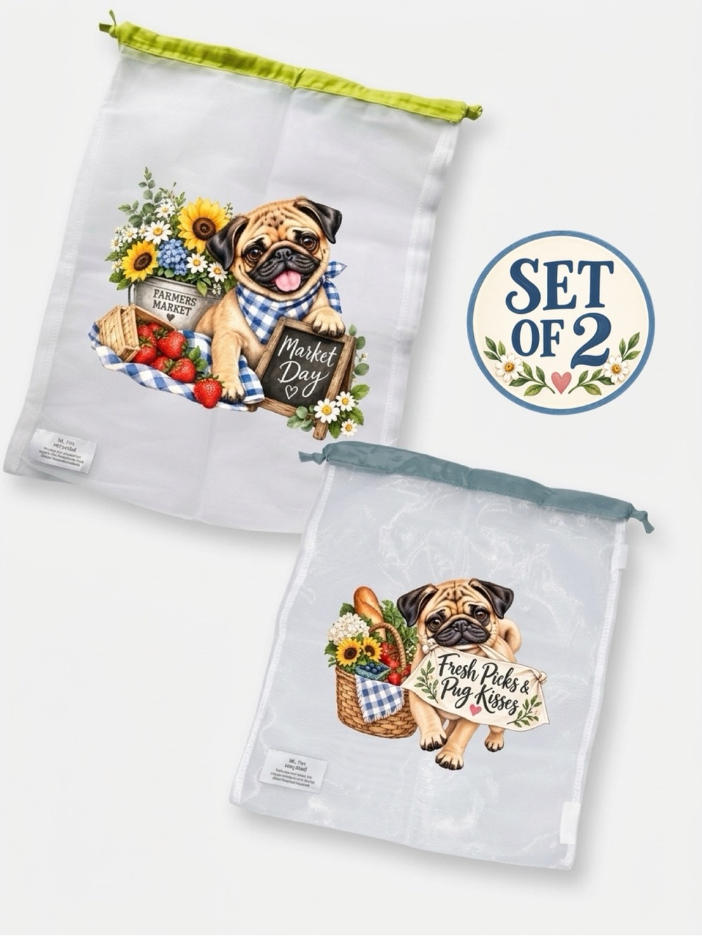 Daffodil Cottage Pug Farmers Market Produce Bags Set of 2 Reusable